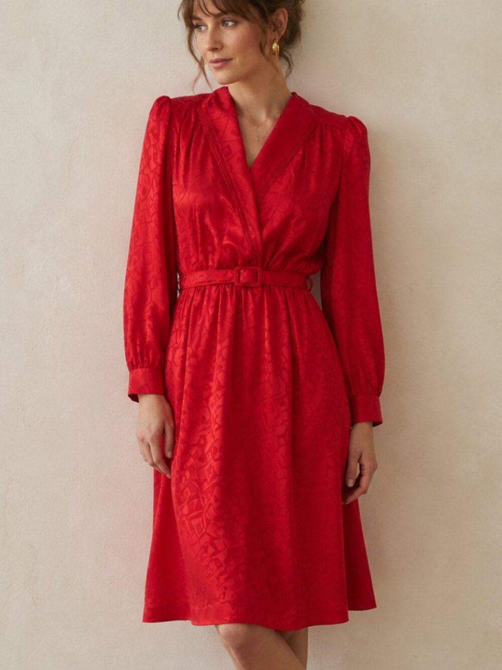 VINTAGE Red Jacquard Belted Midi Dress Puff Sleeve Secretary Career M